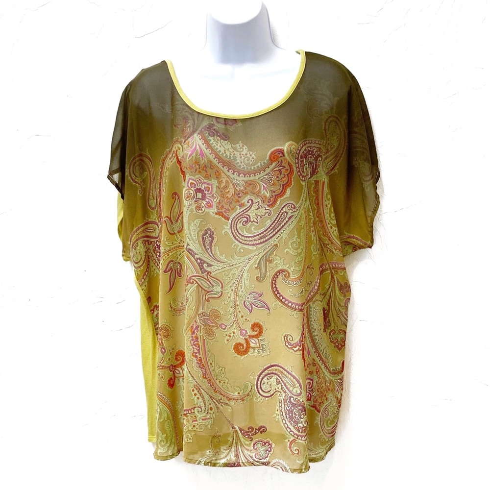 Bobeau Semi-Sheer Short Sleeve‎ Paisley Top Size 1X